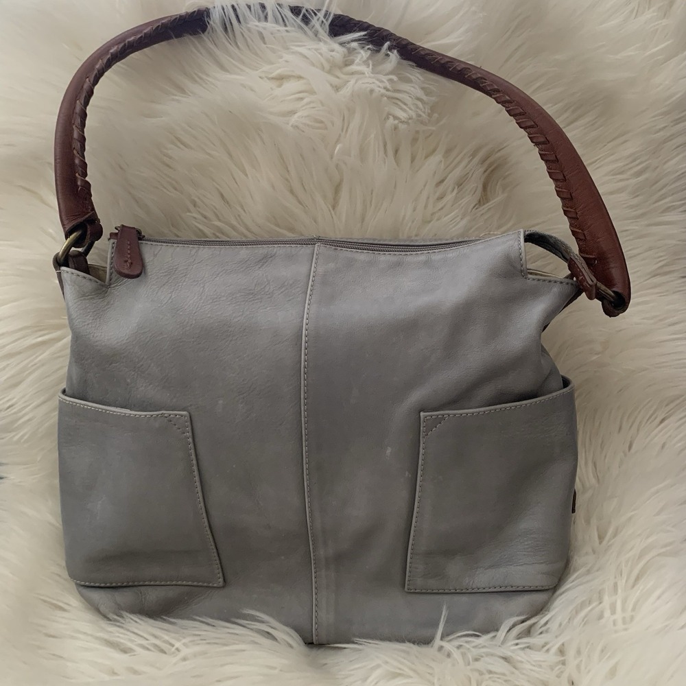 Gray Leather Shoulder Bag with Brown Strap
